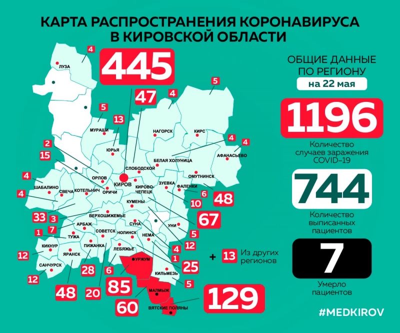 Карта распространения COVID-19 по области показала девять заражений в Кирове